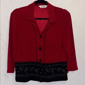 NINA PICCALINO RED AND BLACK KNIT JACKET/SHACKET DARK RUBY RED WITH BLACK & GREY